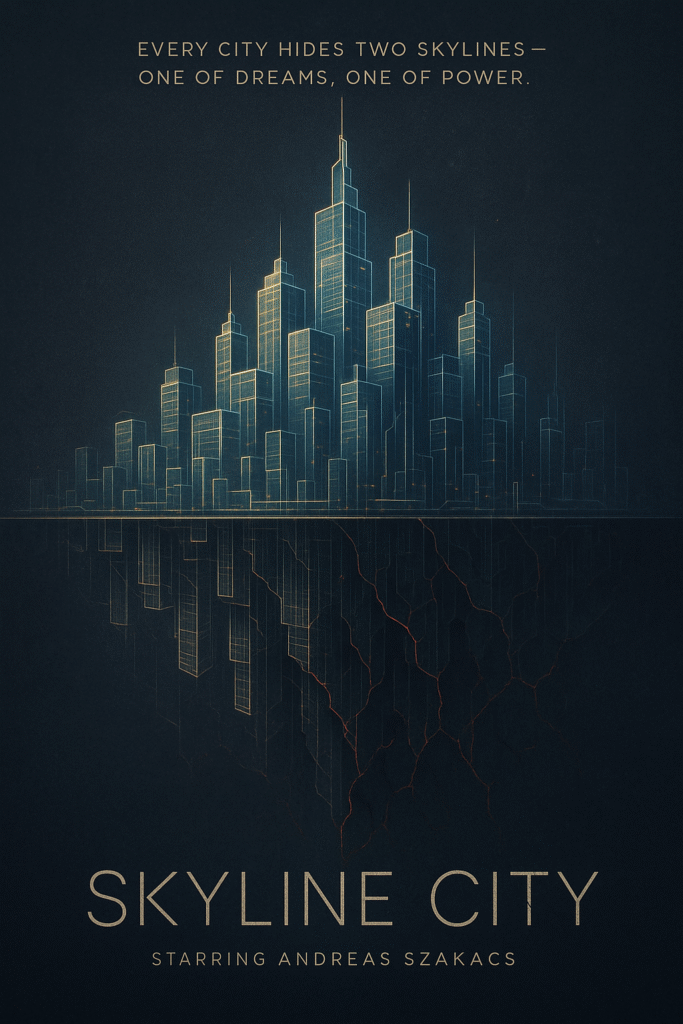 Poster for Skyline City (2021) featuring futuristic architecture and Andreas Szakacs.