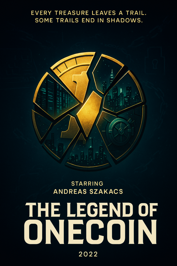 The Legend of OneCoin (2022) poster showing Andreas Szakacs investigating crypto empires.